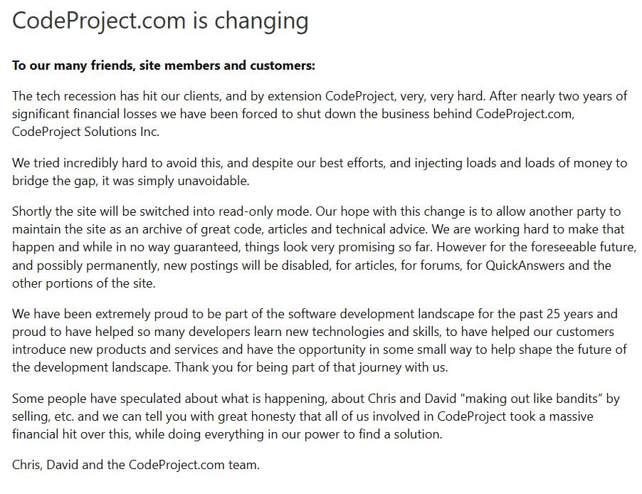 pitoach's tweet image. 🔥CodeProject.com is shutting down! A major loss for the developer community. Financial difficulties forced closure. Hope it's preserved as an archive. 😢
codeproject.com/info/Changes.a…
#CodeProject #developers #programming #opensource #SoftwareDevelopment