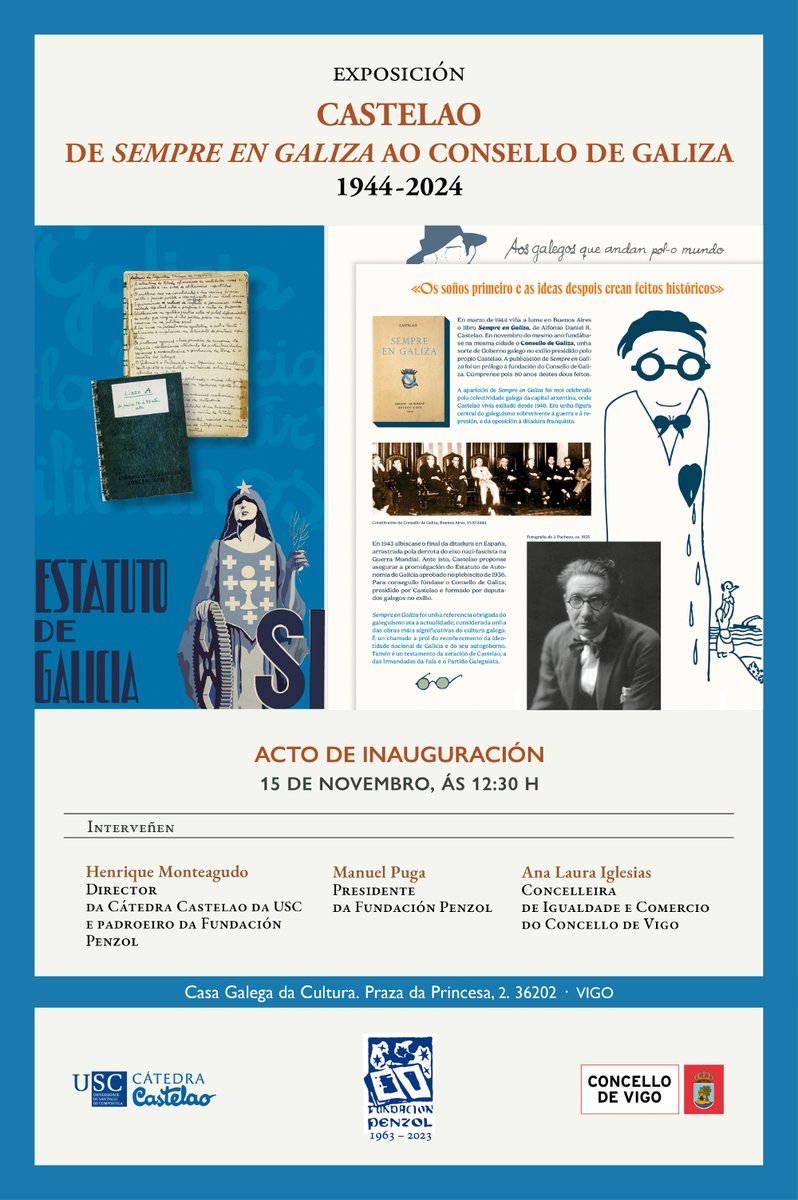 Vigo: inauguración da exposición “Castelao. De Sempre en Galiza ao Consello de Galiza. 1944-2024″: axendacultural.aelg.gal/2024/11/14/vig… <a href="/QuiqeMonteagudo/">Henrique Monteagudo</a>