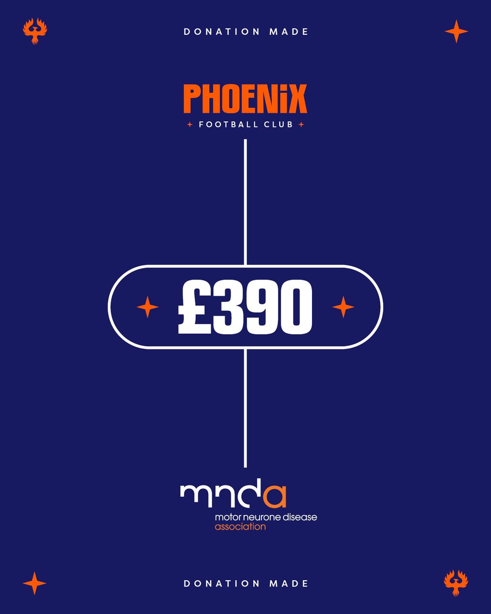 Phoenix FC (@phoenixfc23) on Twitter photo 🙏 𝘾𝙇𝙐𝘽 𝘿𝙊𝙉𝘼𝙏𝙄𝙊𝙉 🙏
The Phoenix are proud to announce the final total from our latest fundraiser all in support of charity partner <a href="/mndassoc/">MND Association</a>. As always our squad, friends, family and followers' generosity knows no bounds as we managed to raise £3️⃣9️⃣0️⃣ for the cause. 🙏 𝘾𝙇𝙐𝘽 𝘿𝙊𝙉𝘼𝙏𝙄𝙊𝙉 🙏
The Phoenix are proud to announce the final total from our latest fundraiser all in support of charity partner <a href="/mndassoc/">MND Association</a>. As always our squad, friends, family and followers' generosity knows no bounds as we managed to raise £3️⃣9️⃣0️⃣ for the cause.