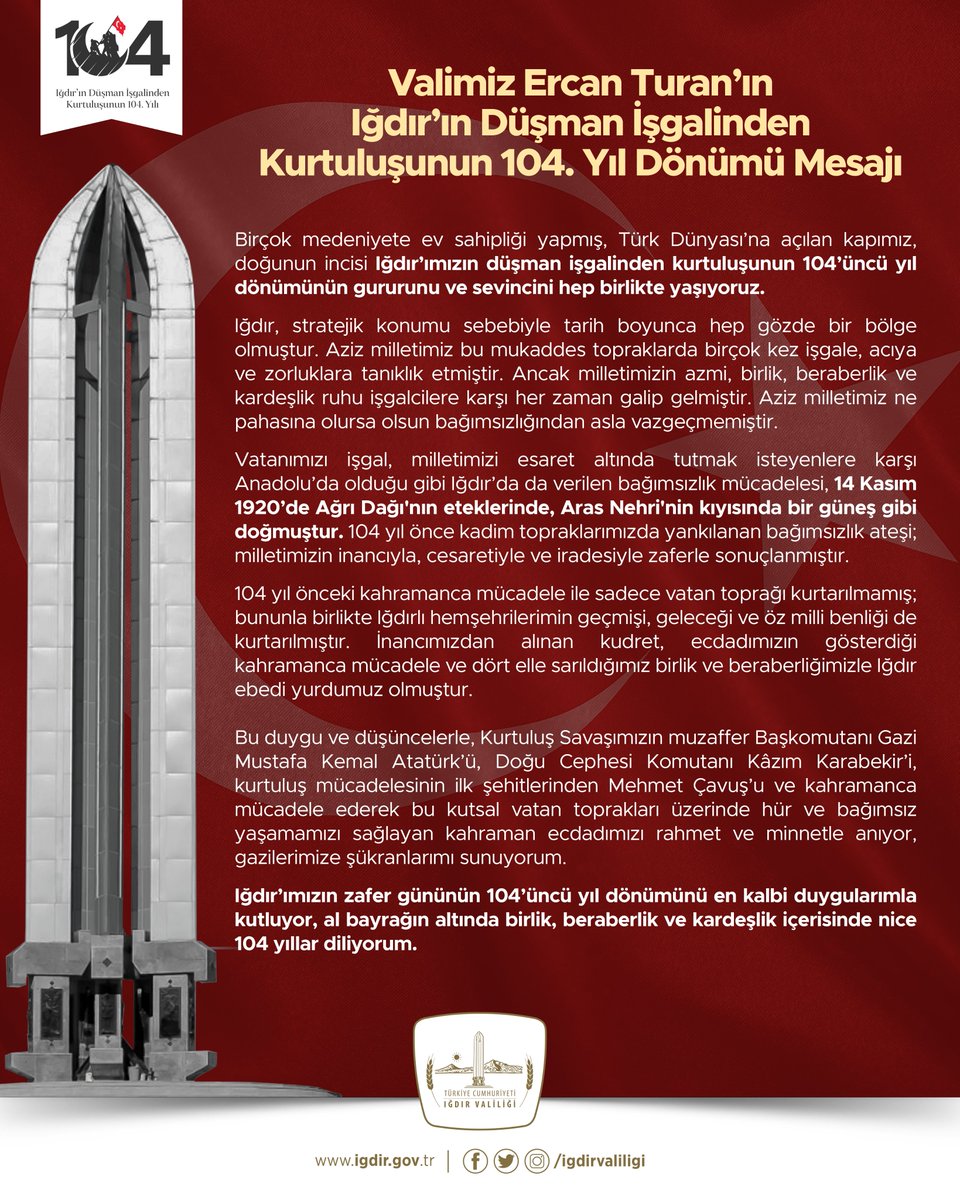 igdirvaliligi's tweet photo. Valimiz Ercan Turan'ın "14 Kasım Iğdır'ın Düşman İşgalinden Kurtuluşunun 104. Yıl Dönümü" Mesajı🇹🇷

🔗https://t.co/3pyIPlOHrG