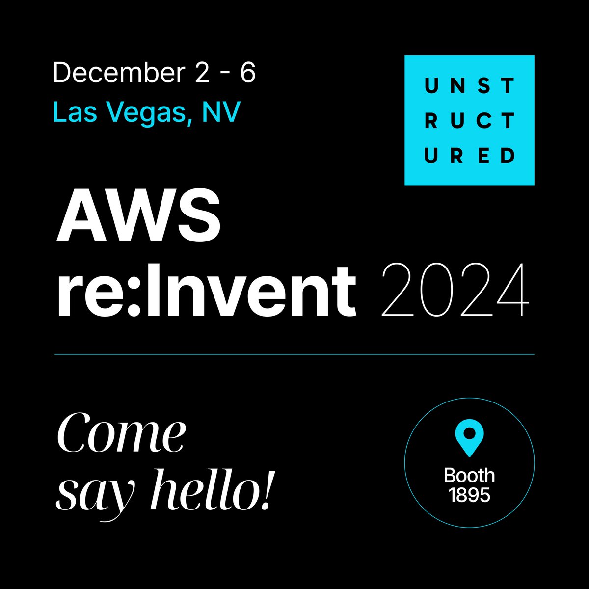 Unstructured (@unstructuredio) on Twitter photo We’re heading to Las Vegas on December 2nd for AWS re:Invent. Visit us at booth #1895 for exciting product updates, fire swag, and to learn more about how we’re transforming unstructured data for GenAI.
<a href="/_Brian_Raymond/">Brian Raymond</a>, our fearless Founder & CEO, will be giving a talk on We’re heading to Las Vegas on December 2nd for AWS re:Invent. Visit us at booth #1895 for exciting product updates, fire swag, and to learn more about how we’re transforming unstructured data for GenAI.
<a href="/_Brian_Raymond/">Brian Raymond</a>, our fearless Founder & CEO, will be giving a talk on