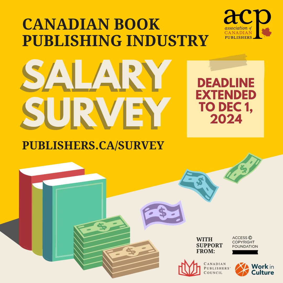 ⏰ The deadline to fill out the 2024 Canadian Publishing Industry Salary Survey has been extended to Dec 1, 2024. If we don't get enough responses, we won't be able to provide meaningful data on the Canadian publishing workforce. Please spread the word! surveymonkey.com/r/publishing-s…