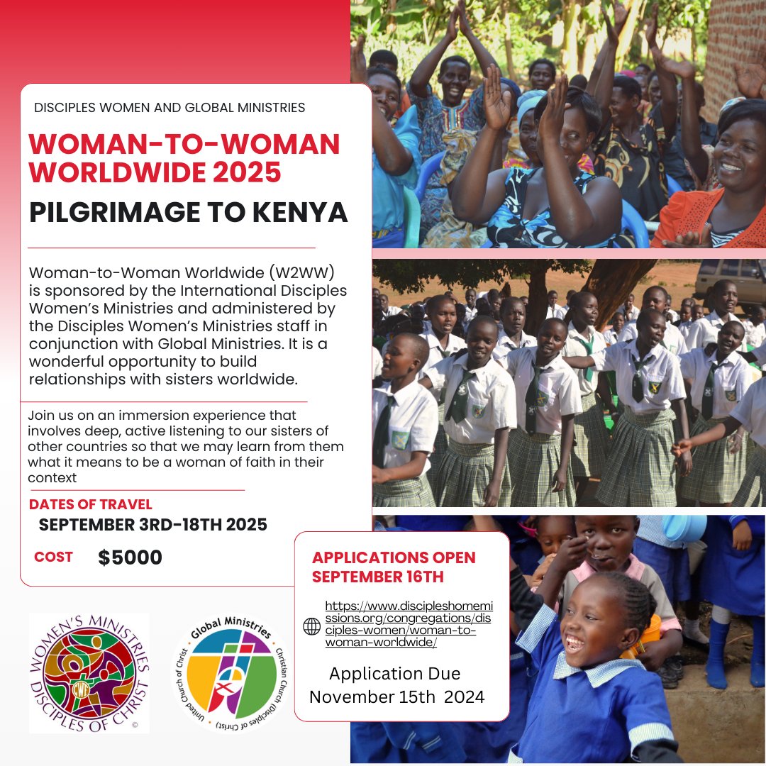 Want to join Disciples Women and Global Ministries on a pilgrimage to Kenya? Applications for the 2025 Woman-to-Woman Worldwide pilgrimage are due this Friday, November 15. discipleshomemissions.org/congregations/…