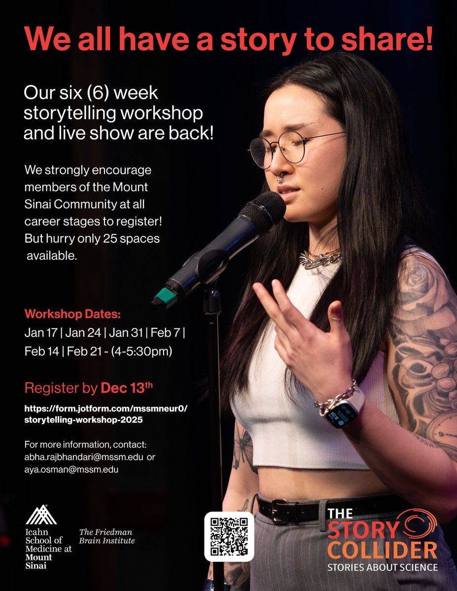 There are 1,000s of stories in the <a href="/IcahnMountSinai/">Icahn School of Medicine at Mount Sinai</a> Community. Yours is one of them! JOIN @Storycollider &amp; #FriedmanBrainInstitute for an immersive, science STORYTELLING WORKSHOP culminating in a LIVE SHOWCASE <a href="/caveatnyc/">CAVEAT</a>! 

SIGN-UP NOW🎤tinyurl.com/w5rdzbz3
