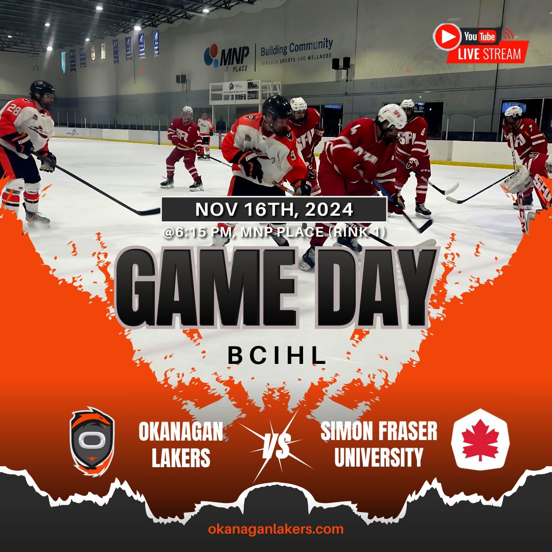 The battle is on! 🏒 The Okanagan Lakers take on Simon Fraser University. Who will skate away with victory? 

📅 November 16, 2024
⏰ 6:15 PM
📍 MNP Place (Rink 1)
📺 Live Stream:  youtube.com/watch?v=ddxvOa…

#OkanaganLakers #GameDay #BCIHL #SFU #SFUHockey #Okanagan
