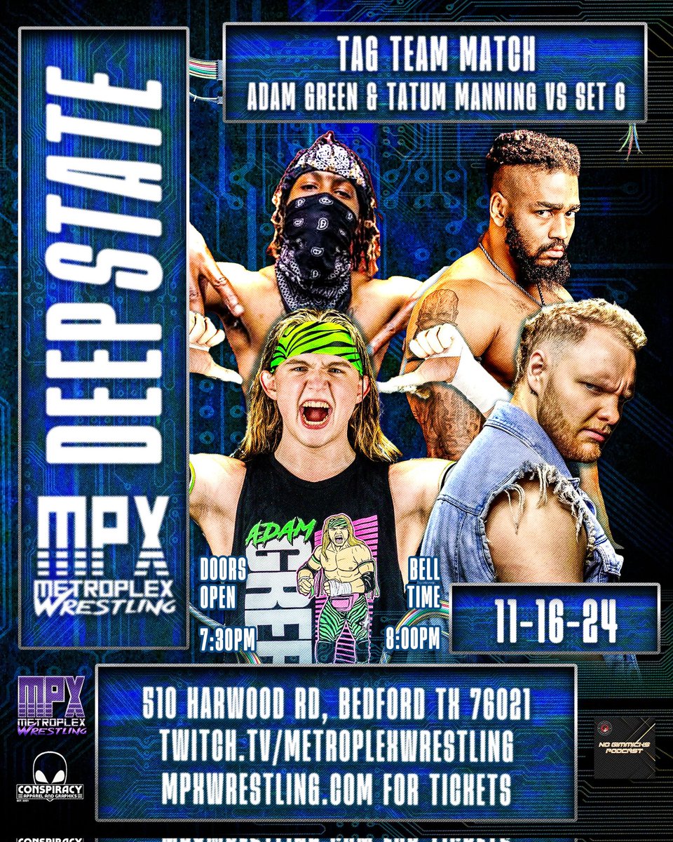 MPXWrestling's tweet photo. #MPXADDICTS  
Match reveal for this Sat 11/16 at #MPXDeepState 

The quest to destroy evil continues as Adam Green @TheTatumManning  takes on 2 members of set 6 #ManMan @supersetslater 

tickets are on flash sale  https://t.co/mVz10reeo6 

#MPX #WWE #Aew #TNA #MLW #prowrestling https://t.co/AUwCchKoHW
