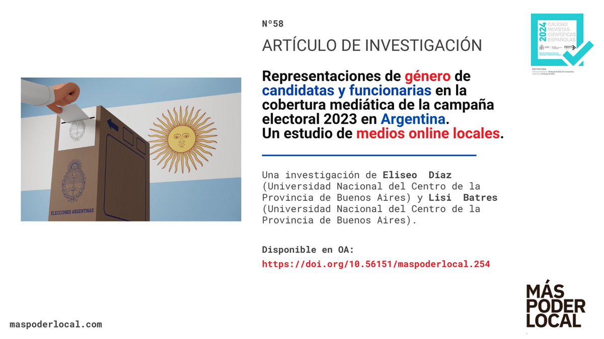 MasPoderLocal's tweet image. 👉"Representaciones de género de candidatas y funcionarias en la cobertura mediática de la campaña electoral 2023 en Argentina. Un estudio de medios online locales"

Una investigación de @LisiBatres y @97_eliseo.

🔗Disponible en OA: doi.org/10.56151/maspo…

#Compol
