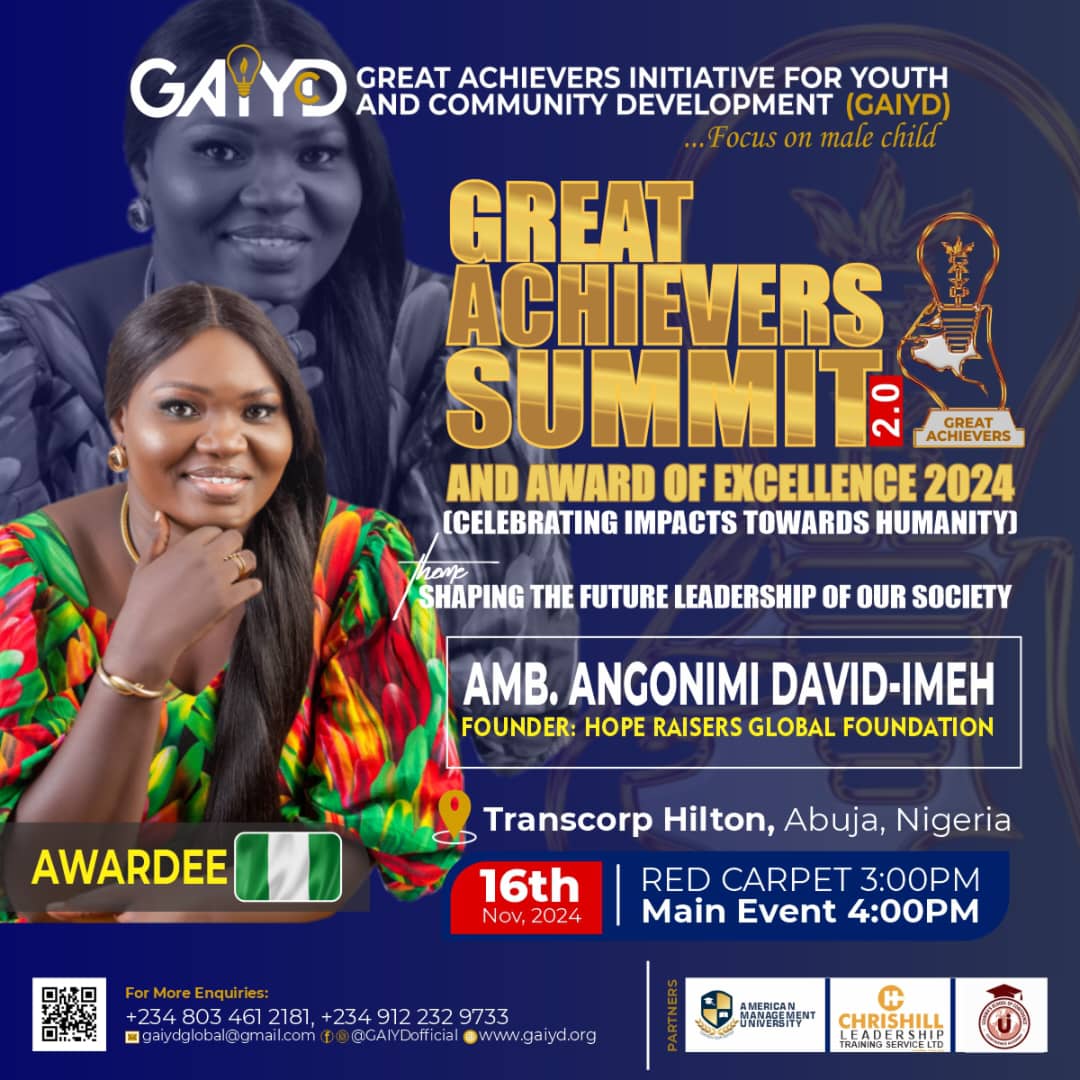 hrgfoundation's tweet photo. "Congratulations to our founder, @AmbAngonimi, on receiving the Community Service Award! Join us on 16th Nov at Transcorp Hilton Hotel, Abuja, to celebrate this achievement! #CommunityServiceAward #Leadership" https://t.co/UkYIShKK3E