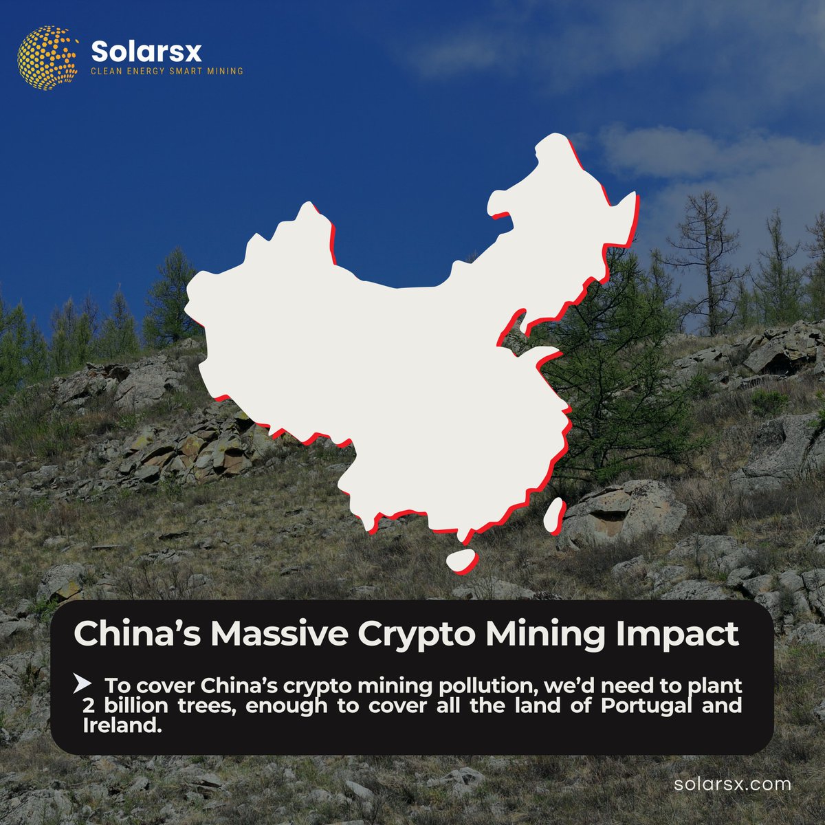 Solarsx04's tweet photo. Did you knowโ ๐ China leads in Bitcoin mining, but it comes with a huge environmental cost. Offsetting the pollution would require planting 2 billion trees At SolarSX, weโre committed to sustainable, solar-powered mining to protect our planet. ๐๐ฑ #solarsx #greencrypto https://t.co/NethzcskwK
