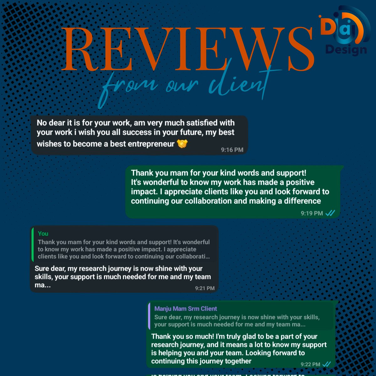 "🌟 Client Feedback 🌟

‘My Research Journey is now Shine With Your Skill’ – From a happy client.

We're thrilled to know our designs made a difference!

Have a project in mind? Let’s make it happen! 

#ClientLove #DigiDesign #HappyClients #Grateful"