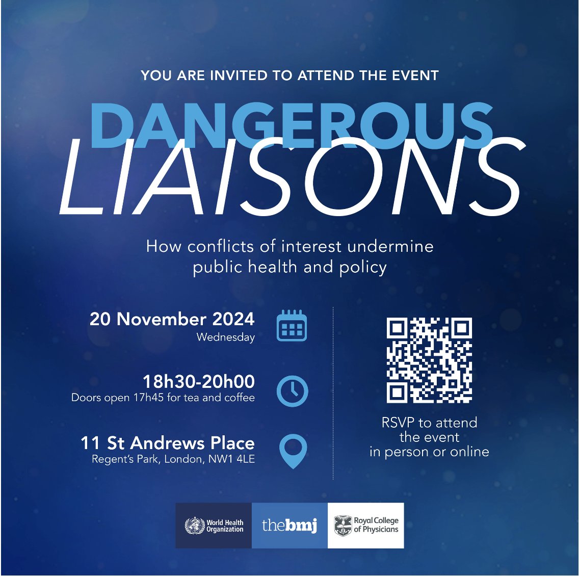 Chris van Tulleken 🏳️🌈 (@doctorchrisvt) on Twitter photo "Dangerous Liaisons: how conflicts of interest undermine public health" - v exciting public event on food, pharma, alcohol and tobacco.
Wed 20th November at 6pm in London, hosted by the <a href="/RCP/">RCP</a>, the <a href="/WHO/">World Health Organization (WHO)</a> & the <a href="/bmj_latest/">The BMJ</a> - .
Free tickets, book here rcp.ac.uk/events-and-edu… "Dangerous Liaisons: how conflicts of interest undermine public health" - v exciting public event on food, pharma, alcohol and tobacco.
Wed 20th November at 6pm in London, hosted by the <a href="/RCP/">RCP</a>, the <a href="/WHO/">World Health Organization (WHO)</a> & the <a href="/bmj_latest/">The BMJ</a> - .
Free tickets, book here rcp.ac.uk/events-and-edu…