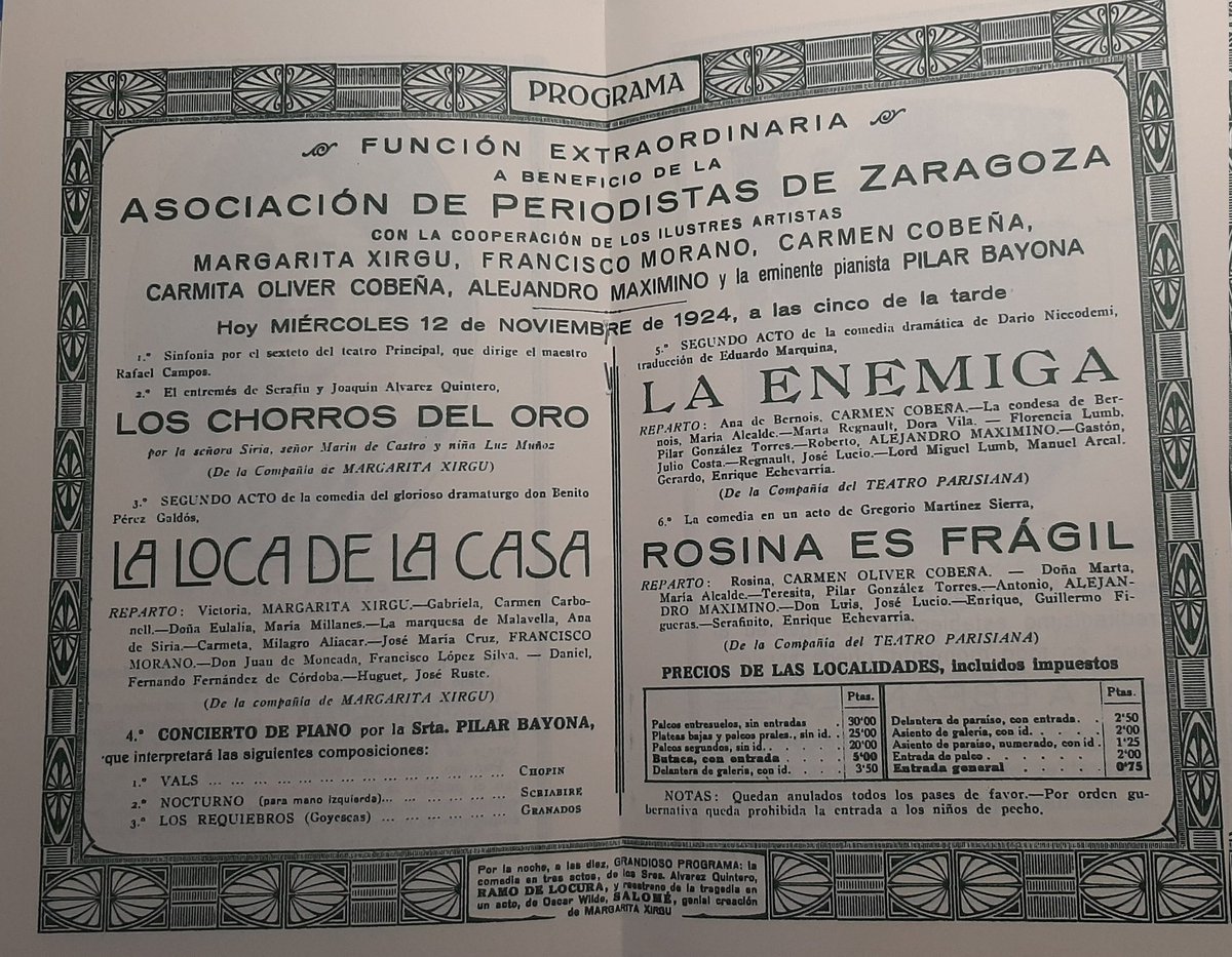 🙋🏻‍♀️ Saludos desde #Zaragoza1924 
Ayer, 12 de noviembre de 1924, tuvimos en el Teatro Principal de #Zaragoza <a href="/TeatroZgz/">Teatro Principal Zaragoza</a> una función extraordinaria de la <a href="/Periodistas_APA/">Periodistas de Aragón</a>. 
Con la gran Margarita Xirgú y con Pilar Bayona al piano.
Aquí os dejo el programa ⬇️