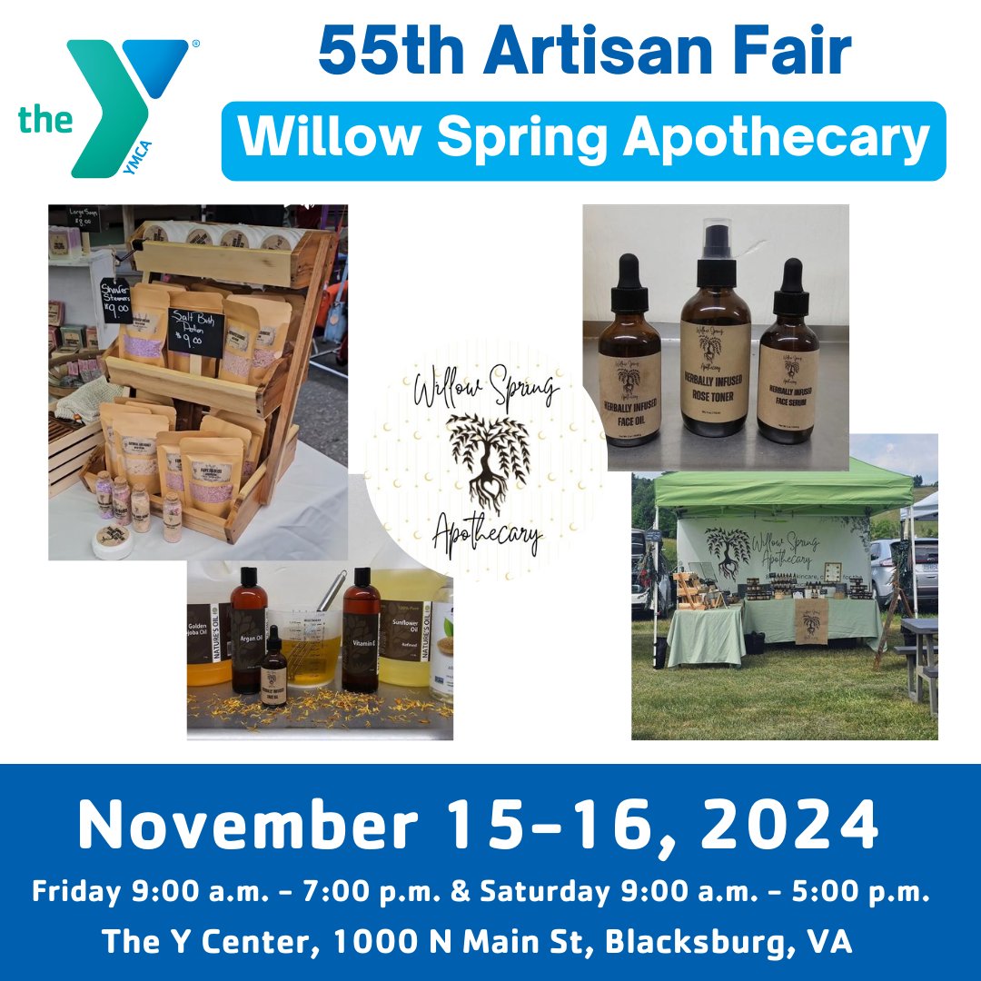 vtymca's tweet image. Meet Your Vendors!
Willow Spring Apothecary from Troutville, VA, will be at the YMCA&apos;s 55th Artisan Fair! Discover handcrafted, herb-infused skincare and grooming products—perfect for those mindful of chemicals in daily routines!

🗓️ Nov 15-16
📍 YMCA Thrift
#YMCAArtisanFair