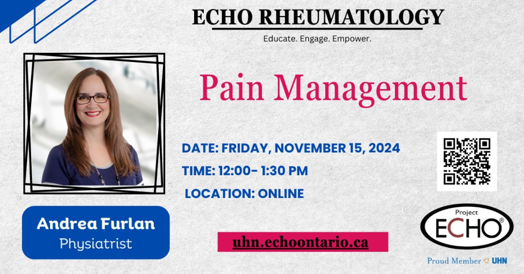 ECHO_UHN's tweet photo. Join Dr. Andrea Furlan MD, Physiatrist for a didactic presentation on Pain Management.
📅 Friday, November 15, 2024.
⏰12:00 – 1:30 PM.
REGISTER: https://t.co/fRCOj0kRcu
#ontario #rheumatology #ECHOatUHN #uhn #virtuallearning #education #healthcareON #CPD #CME #physiatrist #pain https://t.co/R3r5aQHsN1