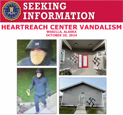 FBIMostWanted's tweet image. The #FBI seeks the public’s assistance in identifying the individual responsible for vandalizing the HeartReach Center located at 865 South Seward Meridian Parkway in Wasilla, Alaska, on October 20, 2024: fbi.gov/wanted/seeking…