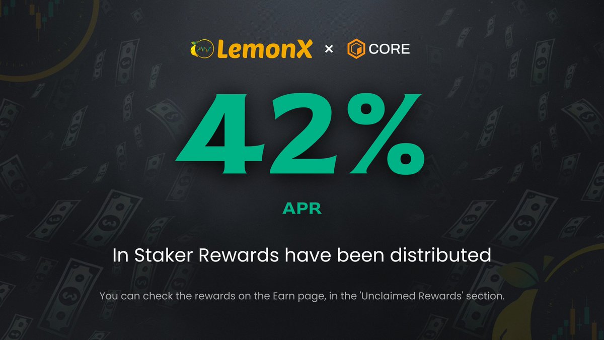 🚀 Staker Rewards Alert! 🚀

💰 We've just distributed a massive 42% APR in rewards to our dedicated $LemonXLP stakers! 📷 This is our latest round of generous staker rewards on <a href="/Coredao_Org/">Core DAO 🔶</a> .

Don't miss out! Stake on <a href="/lemonX_world/">LemonX</a> now to secure your share of next week's