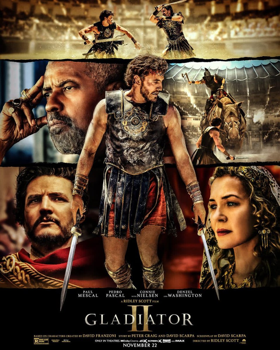 *Gladiator II*       ( R-18)
*Dolby Atmos*
2h 28m 
 _Action Epic, Adventure Epic, Sword &amp; Sandal, Action, Adventure, Drama_

*Starts Friday 15th November 2024*

*Show Times*
*1pm/ 4pm/ 7pm &amp; 10pm*