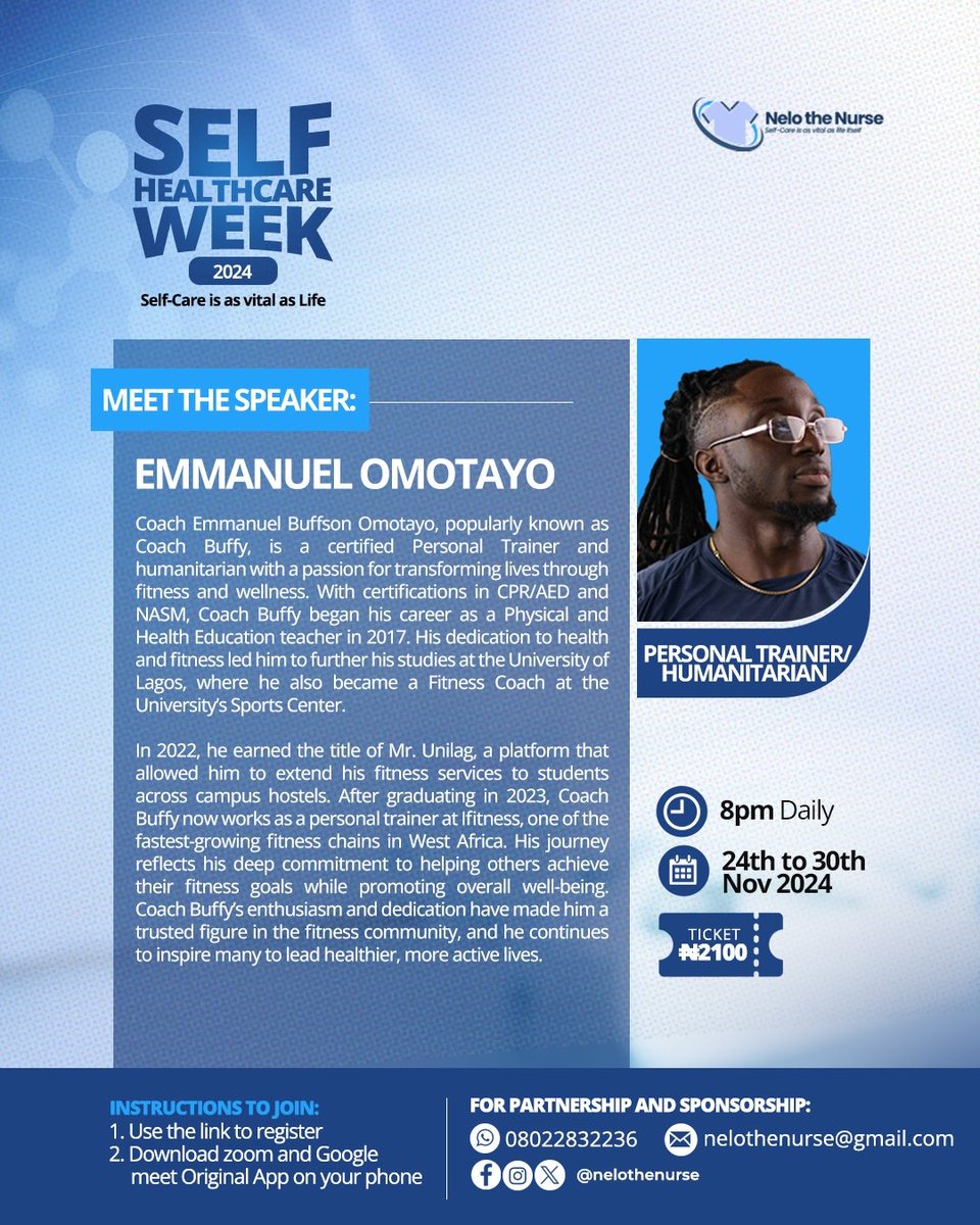 nelothenurse's tweet photo. Meet Emmanuel Omotayo—also known as Coach Buffy! A certified Personal Trainer and humanitarian, he's here to inspire and empower you on your wellness journey with practical insights and motivation. 🏋️‍♂️💪 
Register now to secure your spot!"l
#NeloTheNurse #SelfHealthCare #MORAYO https://t.co/h8GE9KCHuA