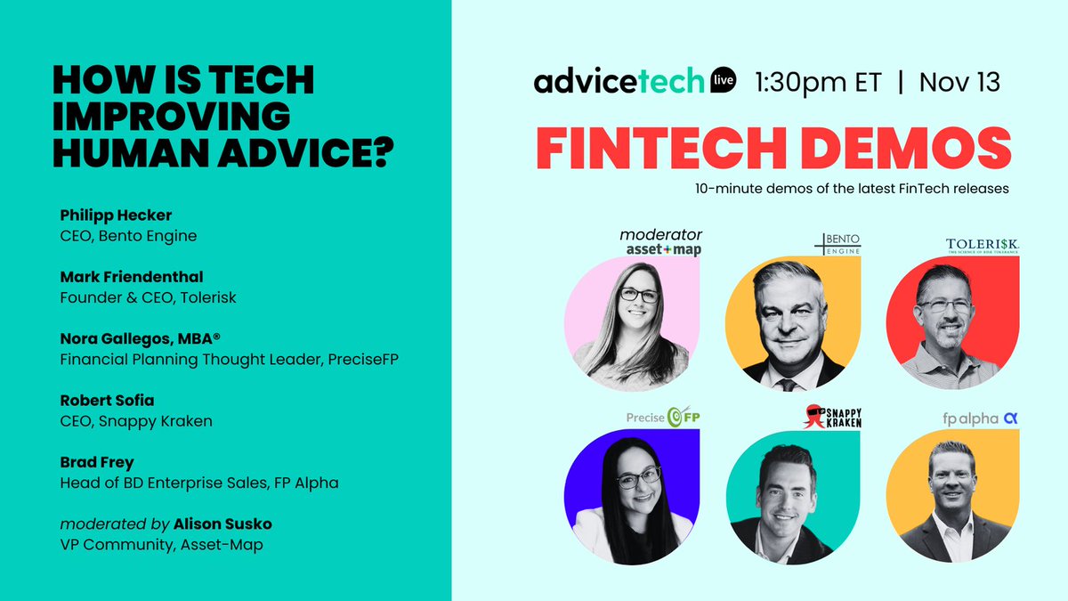 AssetMapLLC's tweet photo. Hear from the first #Fintech Demo group of the day at 1:30 pm! #AdviceTechLIVE
The latest releases from:
@BentoEngine
@Tolerisk
@PreciseFP
@SnappyKraken
@_FPAlpha
https://t.co/limQbe5TAr https://t.co/0z6LTvWEwa