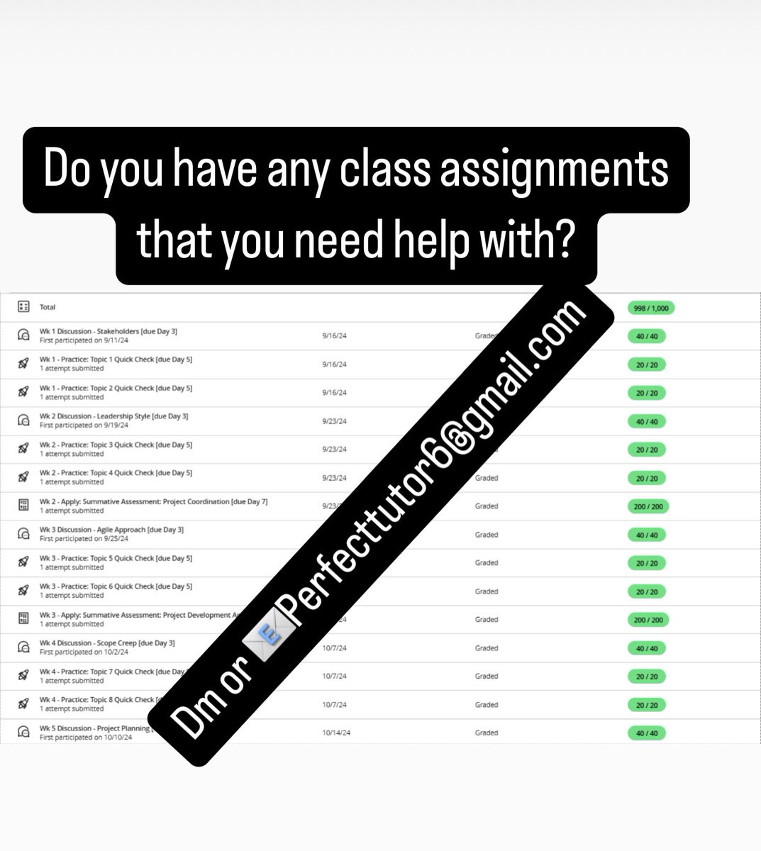 If you have any classwork that you need assistance with, whether it's assignments, essays, or any other projects, feel free to reach out! I'm here to help you. You can send me a direct message or email me at perfecttutor6@gmail.com. Let's tackle your work together!