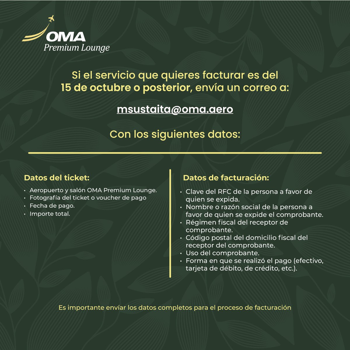 📢 Pasajero:
Factura tu servicio OMA Premium Lounge 48hrs. después de realizar el pago ➡️ qrcd.org/7DCF

¿Tienes algún problema? Manda correo: lounge.cjs@oma.aero