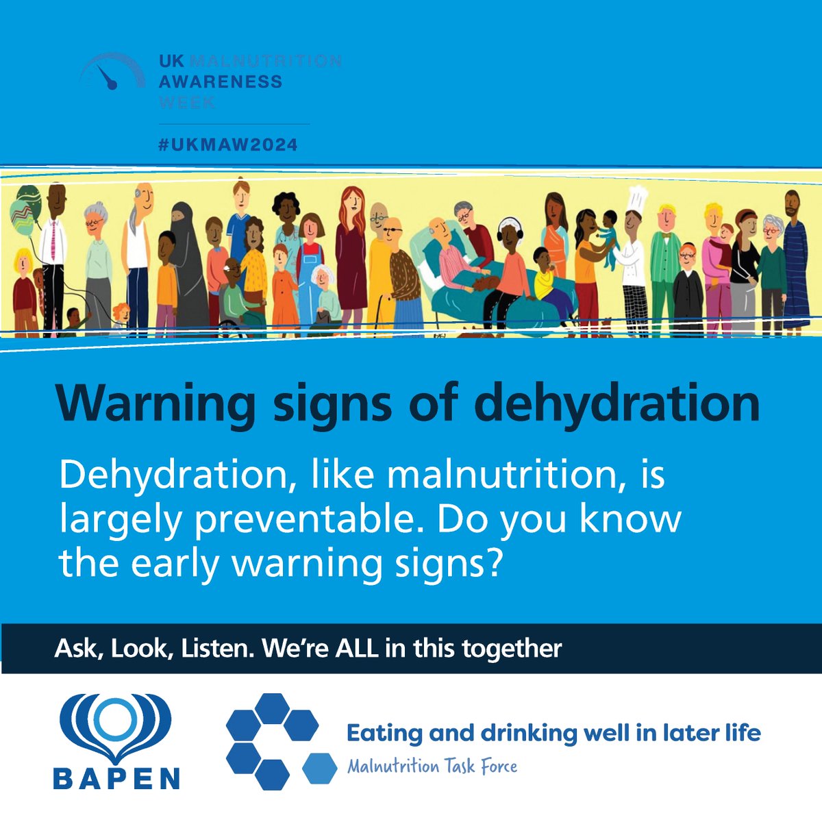 Did you know that water makes up over two-thirds of the healthy human body? Dehydration occurs when your body loses more fluid than you take in.
 
This #ThirstyThursday, share your advice on how best to communicate the warning signs of #dehydration.
 
#UKMAW2024