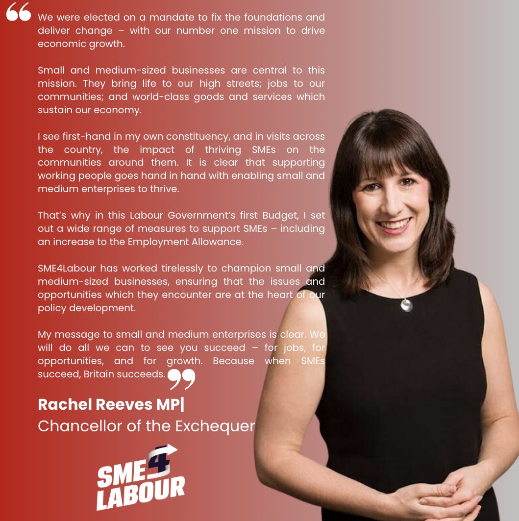 Check out <a href="/RachelReevesMP/">Rachel Reeves</a>'s message on the vital role of SMEs in the UK economy and how SME4Labour is championing their place in Labour’s policy agenda.  #SupportSMEs #ChancelloroftheExchequer

Link: sme4labour.org/16026-2/