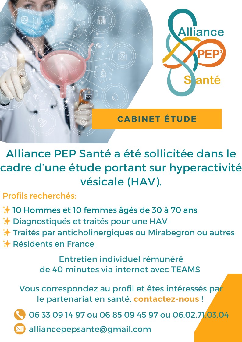 Alliance PEP Santé (@alliancepeps) on Twitter photo #hyperactiviteveciale #Sante #patients #recherche #HAV Nous recherchons 10 hommes et 10 femmes diagnostiqués pour une HAV et traités par anticholinergiques ou mirabegron ou autres et #résidents en France. Vous correspondez au profil : contactez nous : alliancepepsante@gmail.com #hyperactiviteveciale #Sante #patients #recherche #HAV Nous recherchons 10 hommes et 10 femmes diagnostiqués pour une HAV et traités par anticholinergiques ou mirabegron ou autres et #résidents en France. Vous correspondez au profil : contactez nous : alliancepepsante@gmail.com