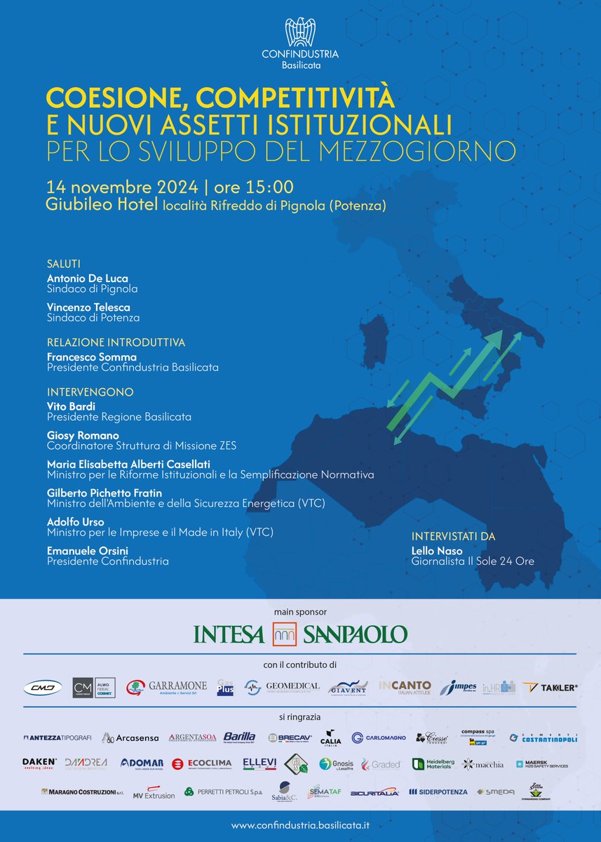 Domani #14novembre l'Assemblea pubblica di Confindustria Basilicata con il Presidente di <a href="/Confindustria/">Confindustria</a> <a href="/Orsini_Emanuele/">Emanuele Orsini</a>, i Ministri <a href="/Min_Casellati/">Maria Elisabetta Alberti Casellati</a> Gilberto Pichetto Fratin e <a href="/adolfo_urso/">Adolfo Urso</a> , il Presidente <a href="/regbasilicata/">Regione Basilicata</a> <a href="/VitoBardi/">Vito Bardi 🇮🇹</a> e il coordinatore Zes Unica <a href="/GiosyRomano/">Giosy Romano</a>