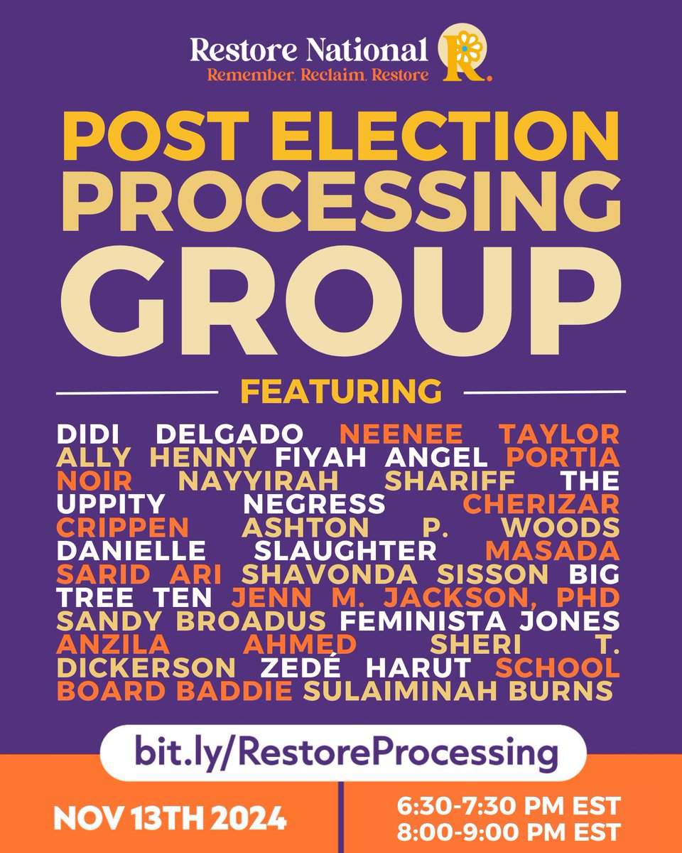 🚨 Urgent Call to Action! 🚨

Feeling the weight post-election? Join us TONIGHT for an essential Post-Election Processing Group with Restore National. This is your chance to connect, reflect, and find ways forward alongside others.

🕕 White Allies: 6:30 - 7:30 PM EST
🕗 Black &amp;