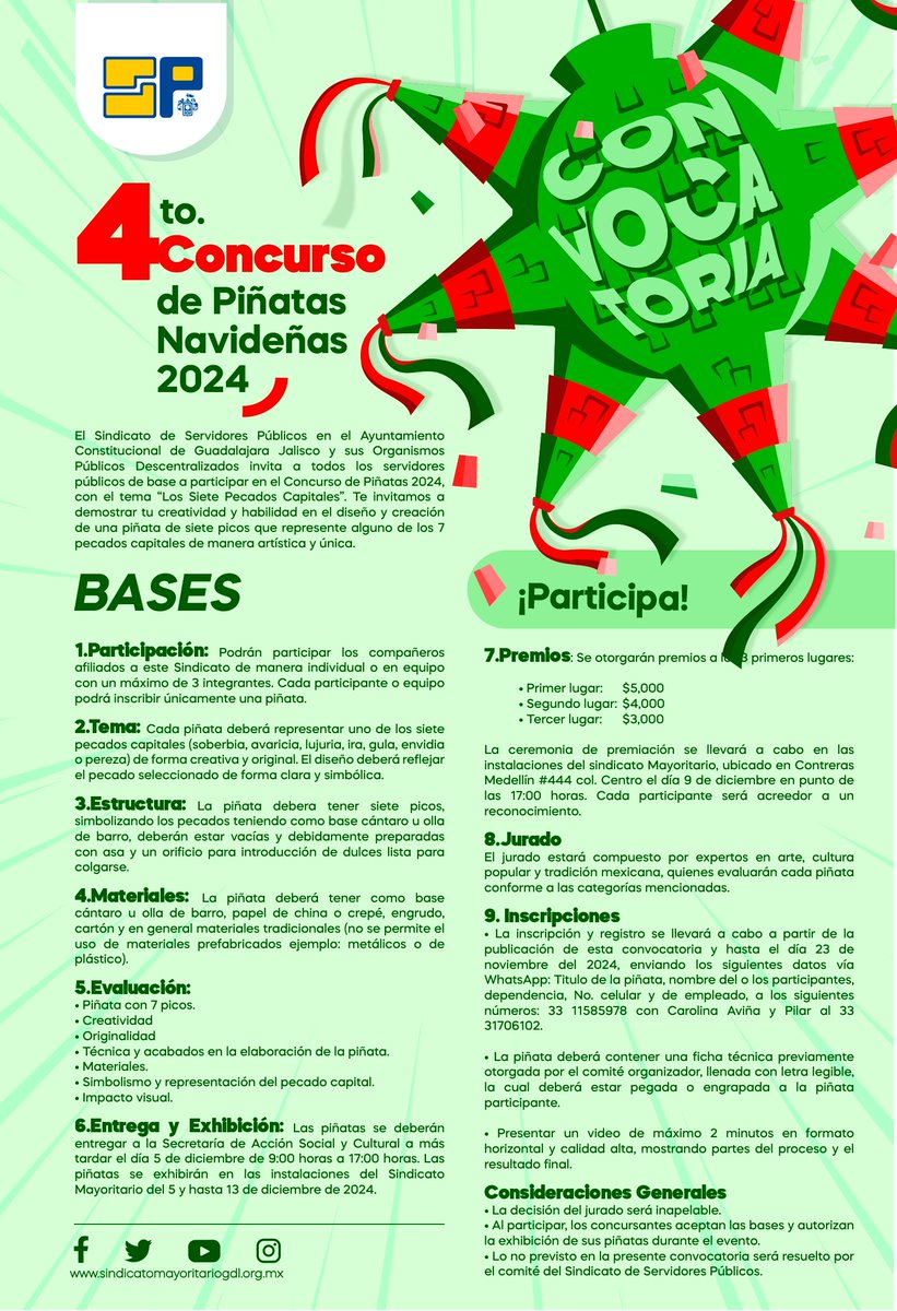 ¡Vuelve el Concurso de Piñatas Navideñas en su 4ta. edición! 📷Este año, tendremos un tema especial que tiene que ver con el origen de las piñatas en México; “Los 7 Pecados Capitales”📷 Consulta las bases y registrarte:  33 11585978 con Carolina Aviña y Pilar al 33 31706102.