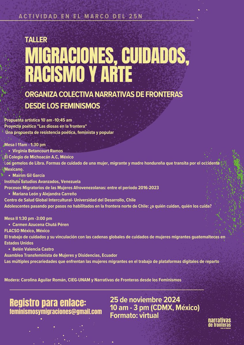 Querida comunidad, les invitamos a participar en este taller organizado por nuestra colectiva. Es el 25 de noviembre de 10am a 3pm. Envíen un mensaje en nuestras redes sociales si desean el link de acceso al taller.