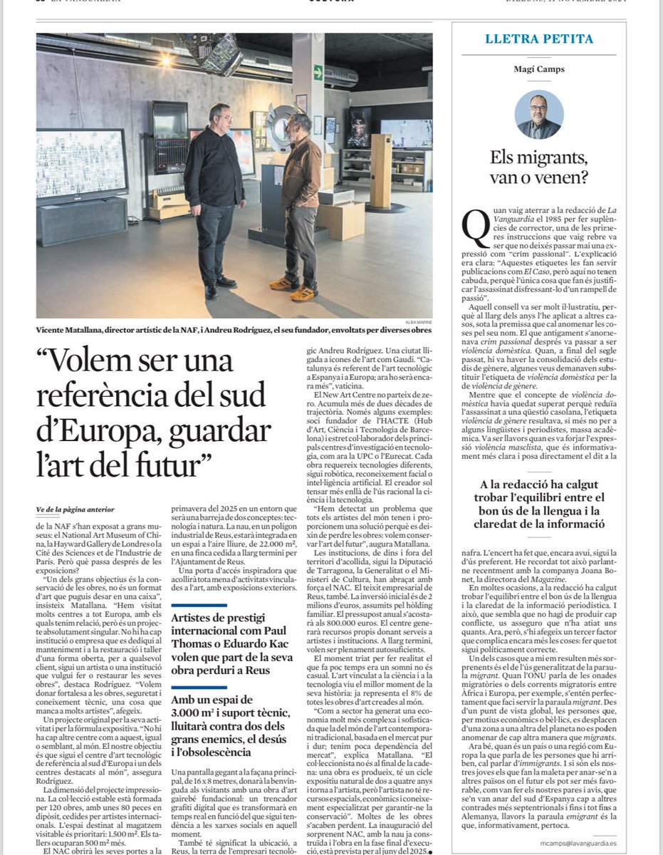 NewArtFoundatio's tweet photo. Aquesta setmana la NewArtFoundation i el NewArtCentre han estat protagonistes de l’obertura de Cultura a La Vanguardia.
Reus es posiciona al mapa global de l’art tecnològic, amb la pretensió de ser un referent del sud d’Europa per salvaguardar l’art del futur. https://t.co/bKeKv1TkdH