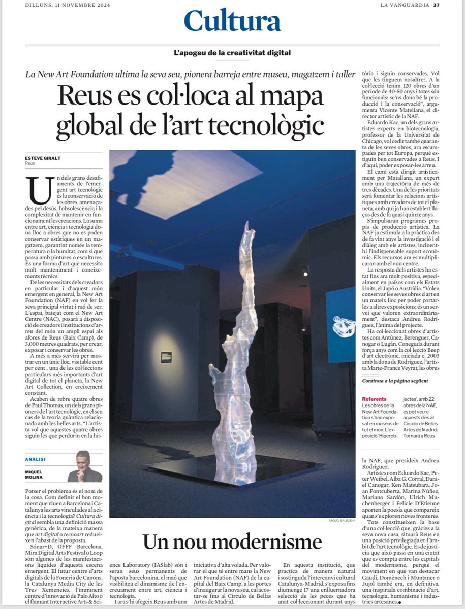 NewArtFoundatio's tweet photo. Aquesta setmana la NewArtFoundation i el NewArtCentre han estat protagonistes de l’obertura de Cultura a La Vanguardia.
Reus es posiciona al mapa global de l’art tecnològic, amb la pretensió de ser un referent del sud d’Europa per salvaguardar l’art del futur. https://t.co/bKeKv1TkdH
