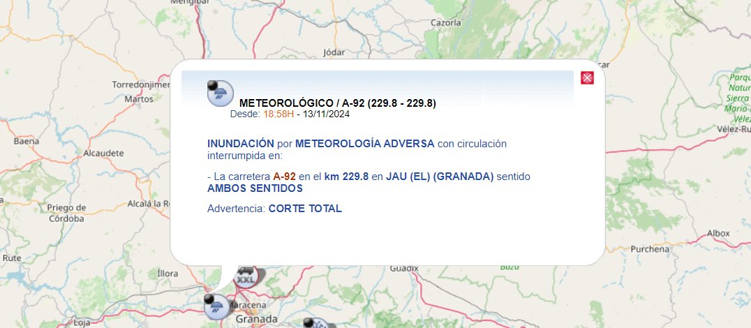 DGTes's tweet image. 📢⚫️En Granada, cortada por inundaciones la A-92, en Chauchina.

🚨⛈️Les pedimos que eviten circular ante la previsión de lluvias de @AEMET_Esp por el riesgo de inundaciones.
