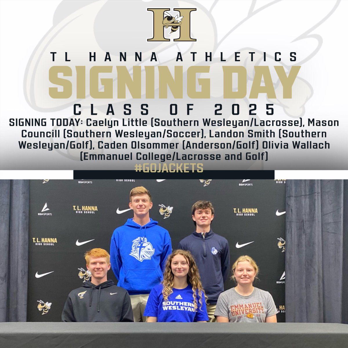 TL Hanna Sports Updates (@tlh_updates) on Twitter photo Congrats to Olivia, Mason, Landon, Caden, and Caelyn on a great signing day ceremony. Fantastic introductions by the coaches and some heartfelt speeches from our signees. Best wishes as you all compete this spring to finish up your high school careers! <a href="/TLHanna_AD/">Thomas Bell</a> Congrats to Olivia, Mason, Landon, Caden, and Caelyn on a great signing day ceremony. Fantastic introductions by the coaches and some heartfelt speeches from our signees. Best wishes as you all compete this spring to finish up your high school careers! <a href="/TLHanna_AD/">Thomas Bell</a>