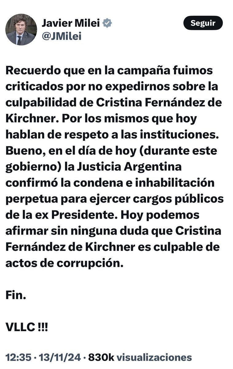 Maria Eugenia Talerico (@eugetale) on Twitter photo SEÑOR PRESIDENTE DE LOS ARGENTINOS.
Muchas gracias por expresarse sobre la condena, que luego de 14 años de juicio, dictó la Cámara Nacional de Casación Penal, confirmando la condena de <a href="/CFKArgentina/">Cristina Kirchner</a>
Adjunto su mensaje, porque me tiene bloqueda 👇
Con todo respeto, me SEÑOR PRESIDENTE DE LOS ARGENTINOS.
Muchas gracias por expresarse sobre la condena, que luego de 14 años de juicio, dictó la Cámara Nacional de Casación Penal, confirmando la condena de <a href="/CFKArgentina/">Cristina Kirchner</a>
Adjunto su mensaje, porque me tiene bloqueda 👇
Con todo respeto, me
