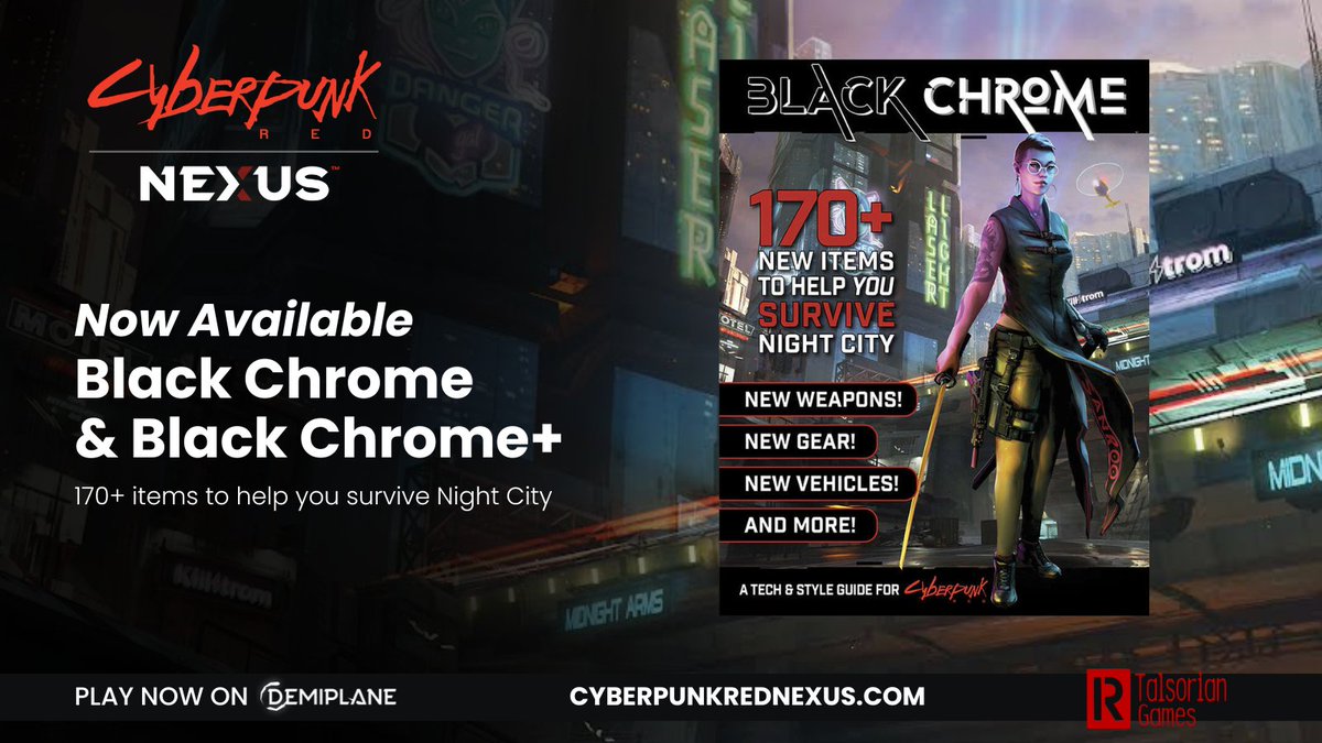 RTalsorianGames's tweet photo. Available now over on the Cyberpunk RED Nexus, Black Chome and Black Chrome+ have fully released!  170+ items now ready to go!

Black Chrome:                                                                        https://t.co/18Y8854IM7
Black Chrome+: https://t.co/3JU6sj6wc0 https://t.co/Os8KW9A9JQ