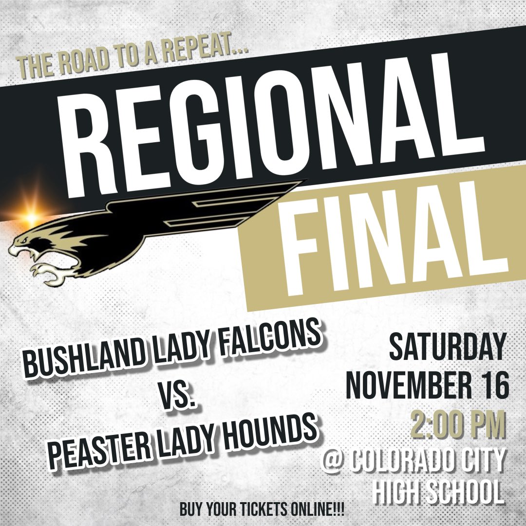 REGIONAL FINAL is SET!!!
🏐🏐🏐
BUSHLAND vs. PEASTER
🗓️ Saturday, Nov. 16
⌚️ 2PM
📍 Colorado City High School
       (Address in ticket link!)
🎟️ ccity.hometownticketing.com/embed/event/26…
#WEAREBUSHLAND #TPDub