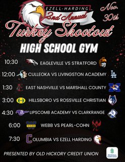 Thanksgiving Weekend is going to be 🔥 over on Bell Rd for the 2nd Annual Lady Eagles Turkey Shootout sponsored by Old Hickory Credit Union. Come out and watch these young ladies Ball Out!!!