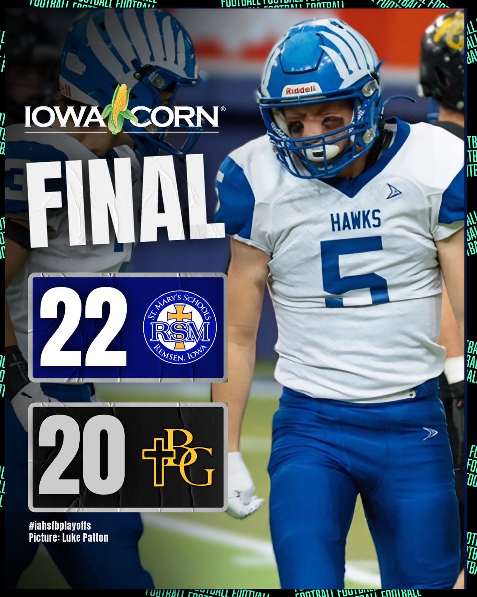 🚨𝐒𝐄𝐌𝐈-𝐅𝐈𝐍𝐀𝐋 𝐒𝐂𝐎𝐑𝐄🚨

REMSEN SAINT MARYS DETHRONES THE REIGNING STATE CHAMPS 😳

THE HAWKS ARE GOING TO THE 8-MAN CHAMPIONSHIP.

#iahsfb #ihsaa