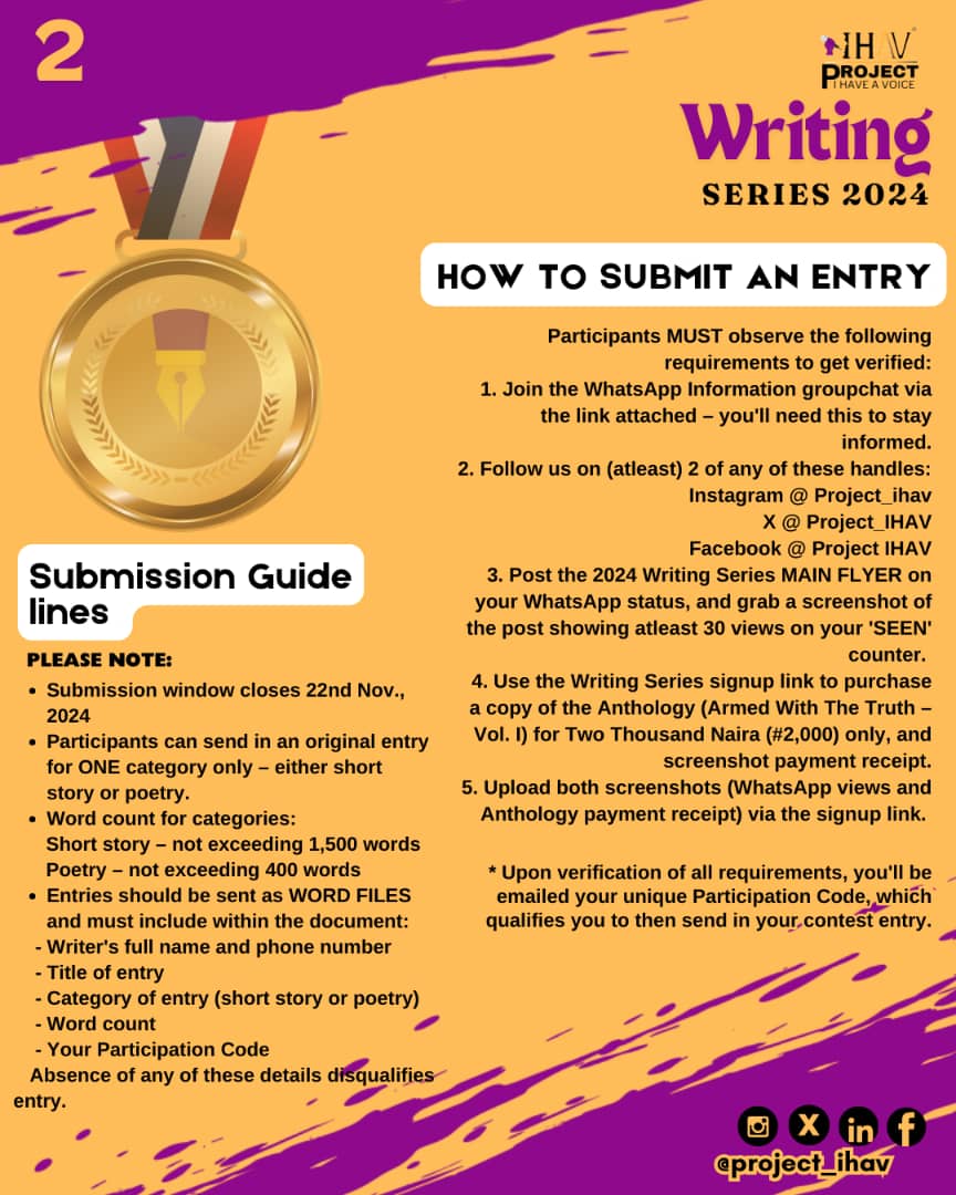 Project_IHAV's tweet photo. It's go-time, writers!
Submission window is NOW OPEN.🔥
Sign up to join the challenge here: https://t.co/F25Kb26eaZ
And join the information room for updates: https://t.co/0R8qtaA3zw…
#ProjectIHaveAVoice #writingcontest #writers #fiction #poetry https://t.co/rY4YrFjEbZ