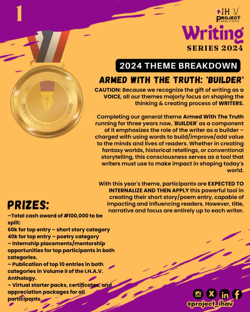 Project_IHAV's tweet photo. It's go-time, writers!
Submission window is NOW OPEN.🔥
Sign up to join the challenge here: https://t.co/F25Kb26eaZ
And join the information room for updates: https://t.co/0R8qtaA3zw…
#ProjectIHaveAVoice #writingcontest #writers #fiction #poetry https://t.co/rY4YrFjEbZ