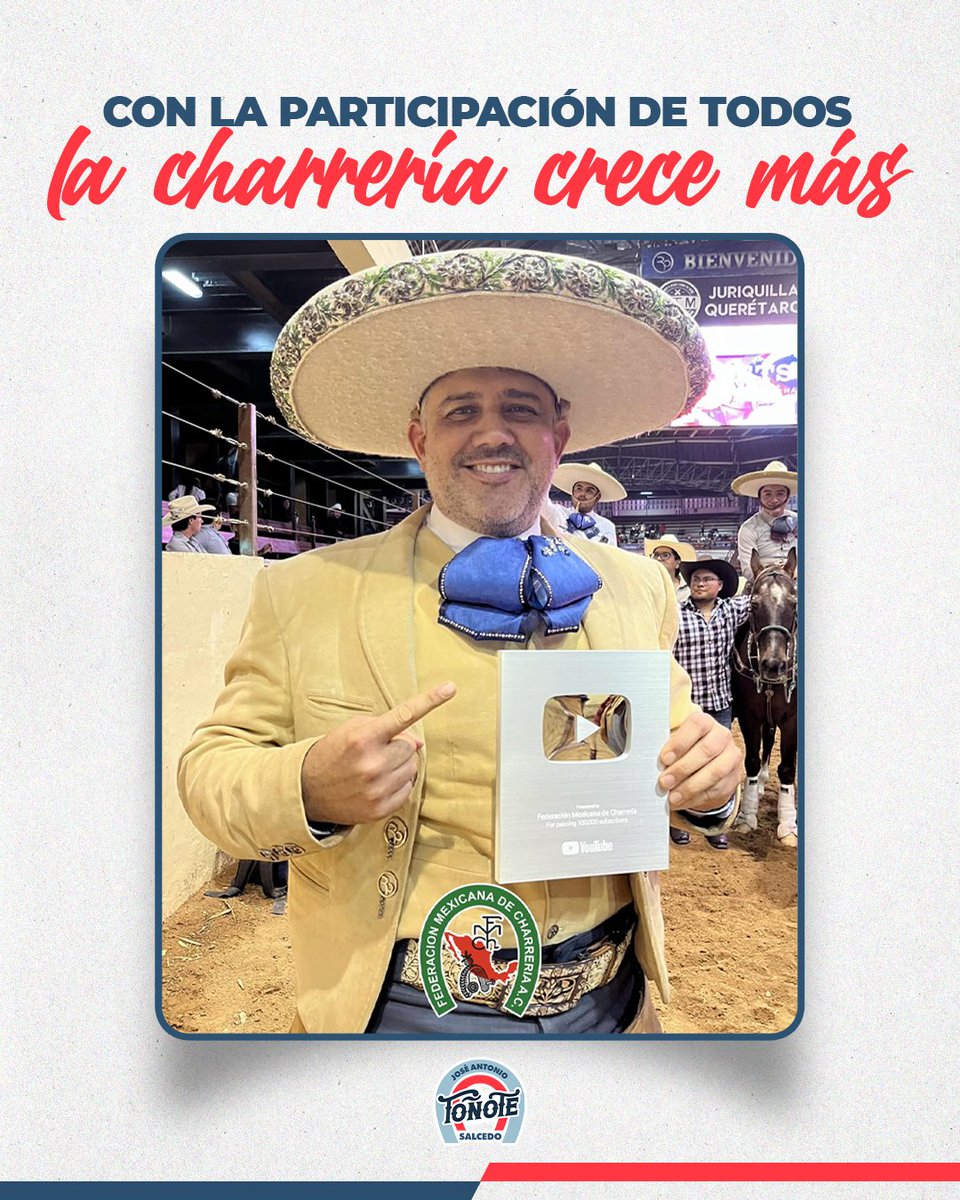 TonoTSalcedo's tweet photo. Con el gran trabajo que se ha realizado en la @FMCharreria, nuestro deporte ha llegado a más personas y a más lugares, un ejemplo de ello es el Premio YouTube por 100,000 seguidores.

Seguiremos impulsando la charrería 🐎

#PresidenteFMCH 🇲🇽
#LaFuerzaDeLaCharrería https://t.co/l9FPUSGfvp