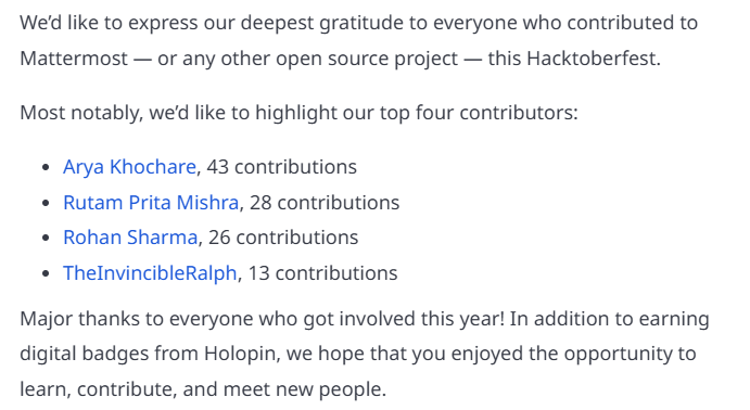 I’m thrilled to share that I was featured in the Top Contributors list for Hacktoberfest 2024! Check out the wrap-up blog from <a href="/Mattermost/">Mattermost</a> to read more about this year’s highlights: 
mattermost.com/blog/hacktober…