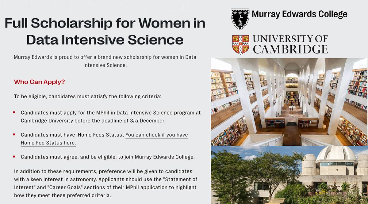 Miles Cranmer (@milescranmer) on Twitter photo Very happy to share that <a href="/MECCambridge/">Murray Edwards College</a> is announcing a new scholarship for women studying data intensive science! This provides a full scholarship to Cambridge's MPhil in Data Intensive Science for eligible students. Please share with your networks! Very happy to share that <a href="/MECCambridge/">Murray Edwards College</a> is announcing a new scholarship for women studying data intensive science! This provides a full scholarship to Cambridge's MPhil in Data Intensive Science for eligible students. Please share with your networks!