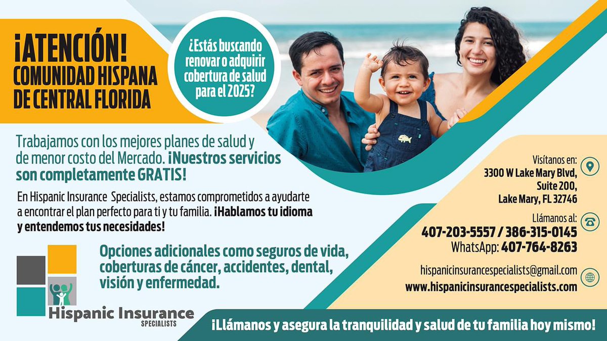 Período de Inscripción Abierta para el seguro médico. En Hispanic Insurance Specialists están listos para ayudarte a encontrar el plan que mejor se adapte a las necesidades de tu familia. Llama a sus agentes
☎️ 407-203-5557
📱 386-315-0145
HispanicInsuranceSpecialists.com #SeguroMédico