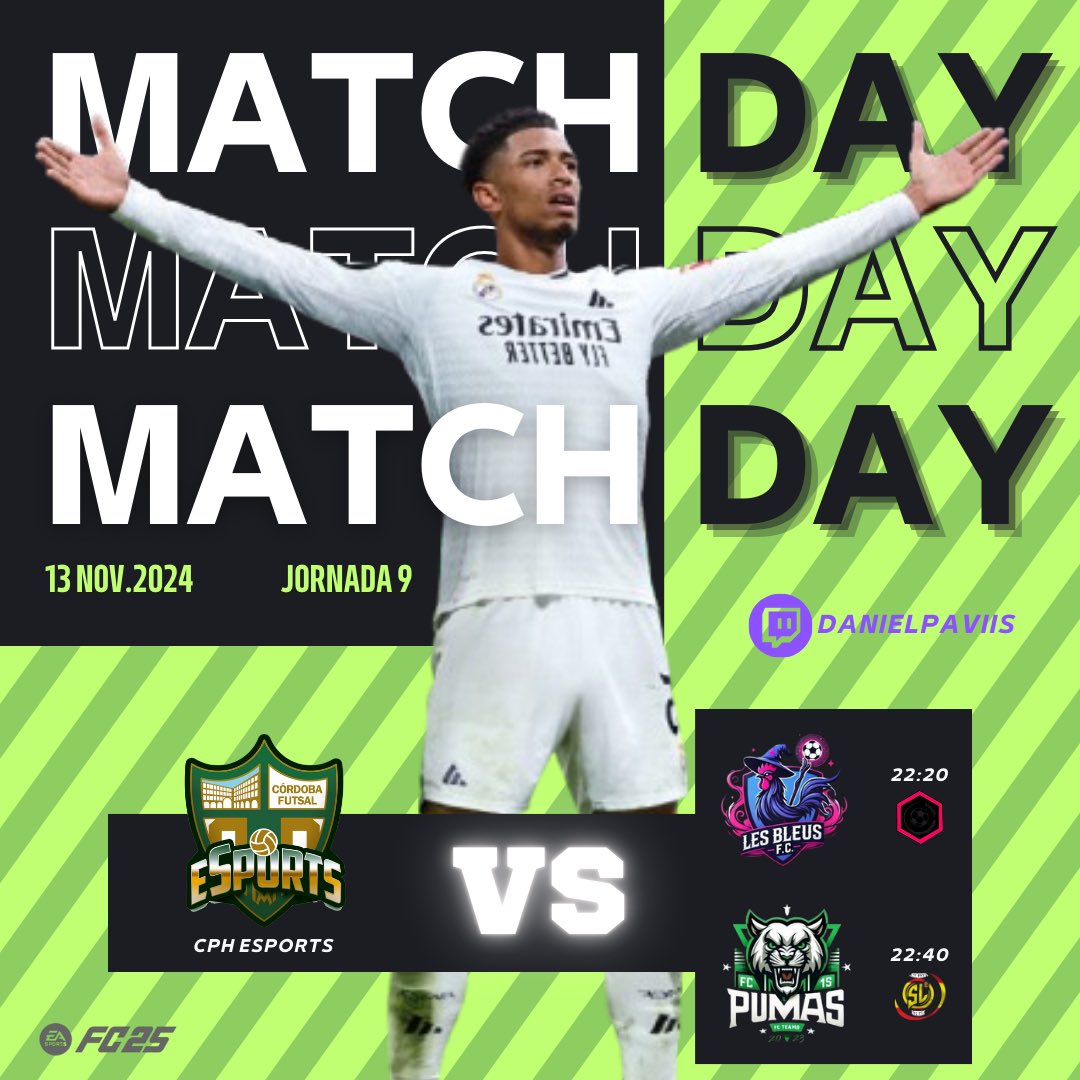Córdoba Patrimonio Esports (@cordoba_gaming) on Twitter photo ⚽️ MATCHDAY | JORNADA 9 ⚽️
🏆 @VPCL_ESPANA
🆚 <a href="/LesBleusFC_/">Les Bleus F.C. ⚽️💙</a>
⏰ 22:20 h
🏆 <a href="/SoccerLeagueEsp/">Soccer League</a>
🆚 <a href="/Martins111911/">PUMAS FC TEAM</a>
⏰ 22:40 h
📺 <a href="/danielpaviiis/">Dani Pavon</a>
#EAFC25 #FC25 #FIFA #GOCPH ⚽️ MATCHDAY | JORNADA 9 ⚽️
🏆 @VPCL_ESPANA
🆚 <a href="/LesBleusFC_/">Les Bleus F.C. ⚽️💙</a>
⏰ 22:20 h
🏆 <a href="/SoccerLeagueEsp/">Soccer League</a>
🆚 <a href="/Martins111911/">PUMAS FC TEAM</a>
⏰ 22:40 h
📺 <a href="/danielpaviiis/">Dani Pavon</a>
#EAFC25 #FC25 #FIFA #GOCPH