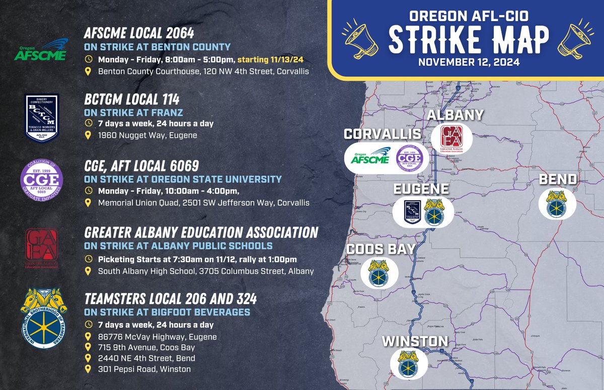 OCPPnews's tweet photo. 5 different labor unions in Oregon are on strike this week! As @OregonAFLCIO
reminds us, the labor movement was built by strikes and struggle https://t.co/xwJeaWF0mr