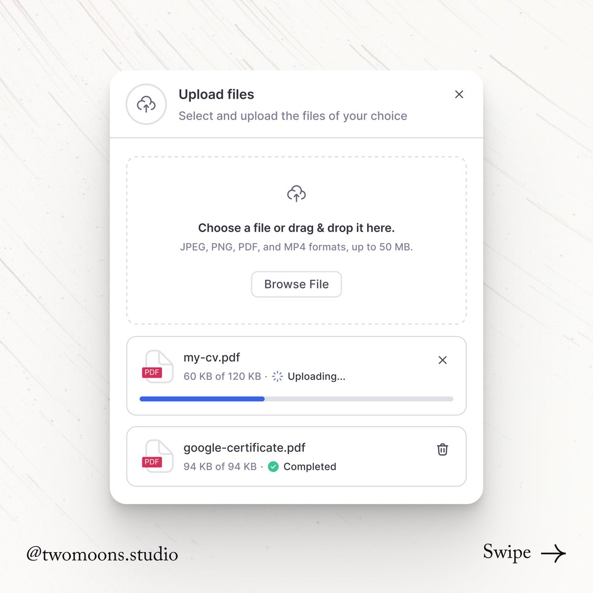TwoMoons_Studio's tweet photo. Here’s this week’s UI snapshot! A clean, intuitive design for a simple file upload experience. ⚡📁

.
.
.
#UIDesign #FileUpload #ProductDesign #UXUI #InterfaceDesign #WeeklyUI #DesignShowcase #AppDesign #UIInspo #UXDesign #DigitalProduct #InterfaceInspo #CreativeProcess #uiux https://t.co/xQ4Q73m43i